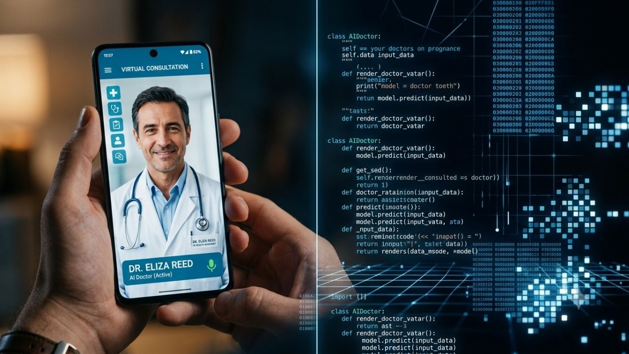 Yapay zeka ve al doktorlar hakkında telefon ekranında yer alan doktor ve görselin sağ tarafta yer alan kodlar