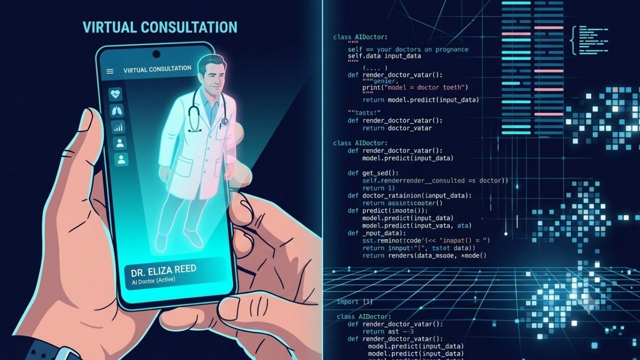 yapay zeka ile oluşturulmuş doktor ve kodlarla çerçevelenmiş görsel