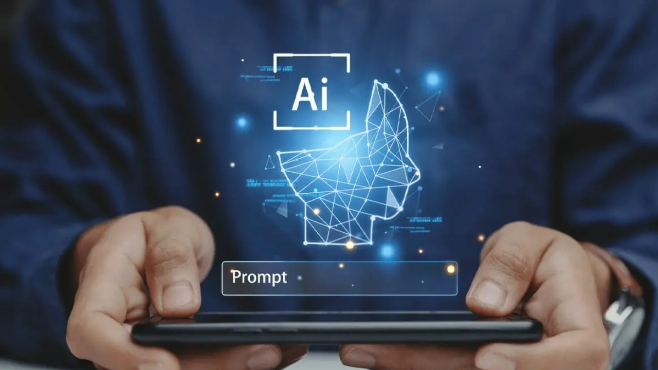 telefon ekranından hologram prompt yazılı görsel