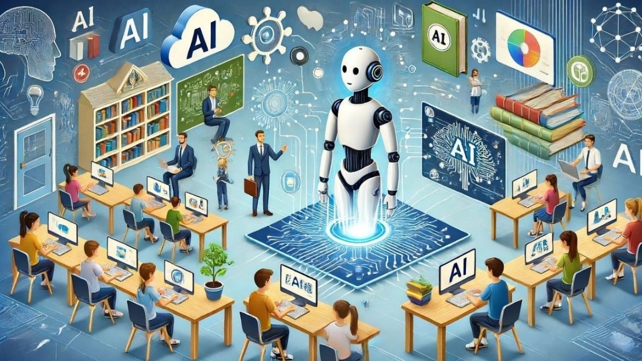 öğrencilerle donatılmış yapay zeka çalışması yapılan görsel ortasında bulunan robot temsili ile renkli