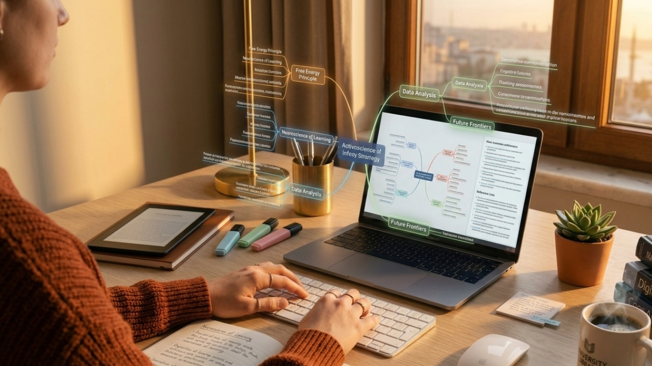 Laptop ekranında ödev taslağı ve içerik üreten bedava yapay zeka destekli yazı arayüzü yapay zeka ile üretilmiş görsel