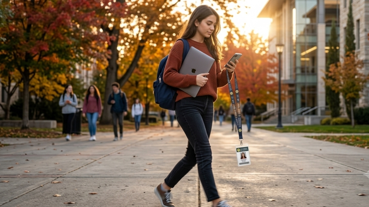 Kampüste öğrenci kimliği ve laptop ile öğrenciler görseli
