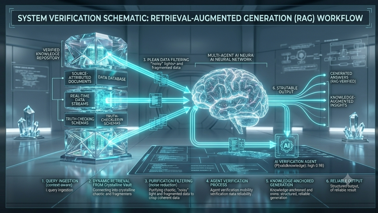 Doğrulanmış harici veri tabanından beslenen RAG (Retrieval-Augmented Generation) bilgi doğrulama akışı görseli