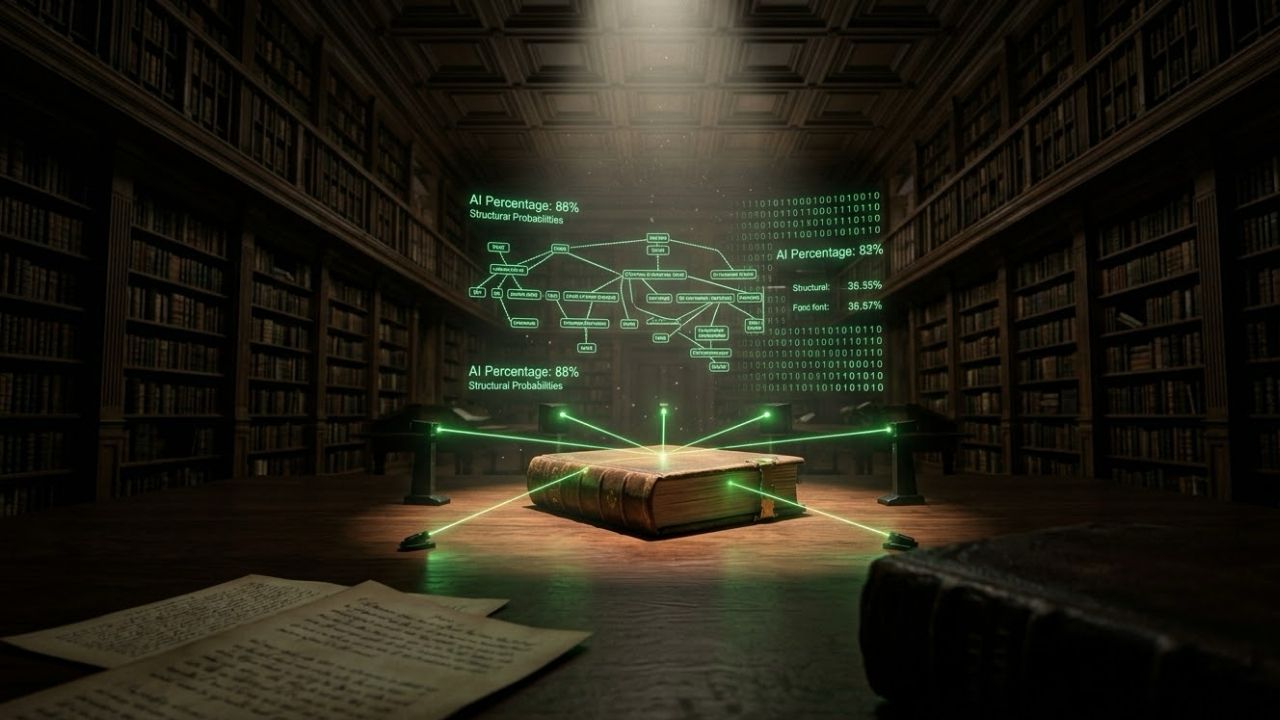 Bir kütüphane içerisinde bulunan dev bir kitabın dedektörlerle çevrildiği, arka planda bulunan hologram kodların yer aldığı yapay zeka ile oluşturulmuş görsel