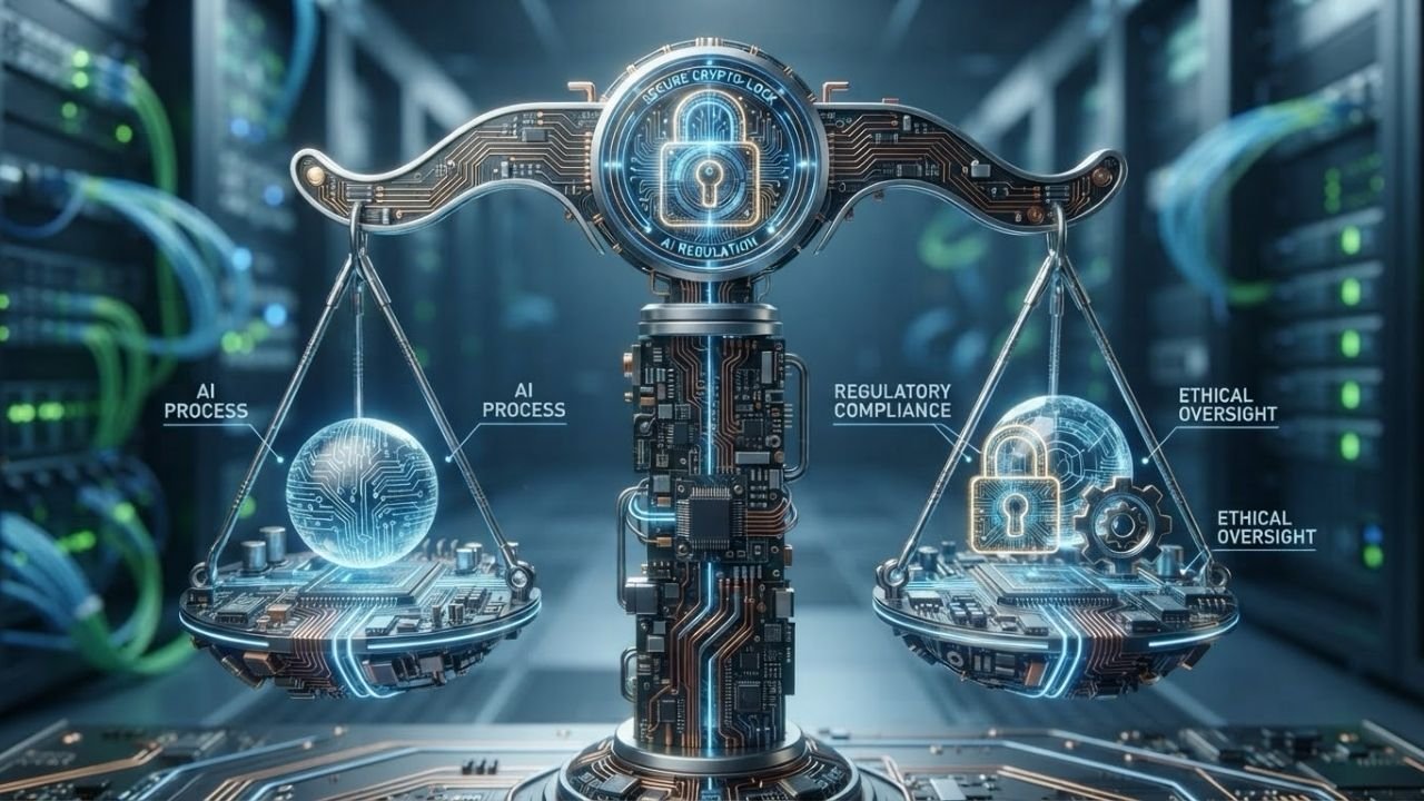 Avukatlar için getirilen yeni yapay zeka kurallarını ve sorumluluk dengesini temsil eden dijital adalet terazisi görseli