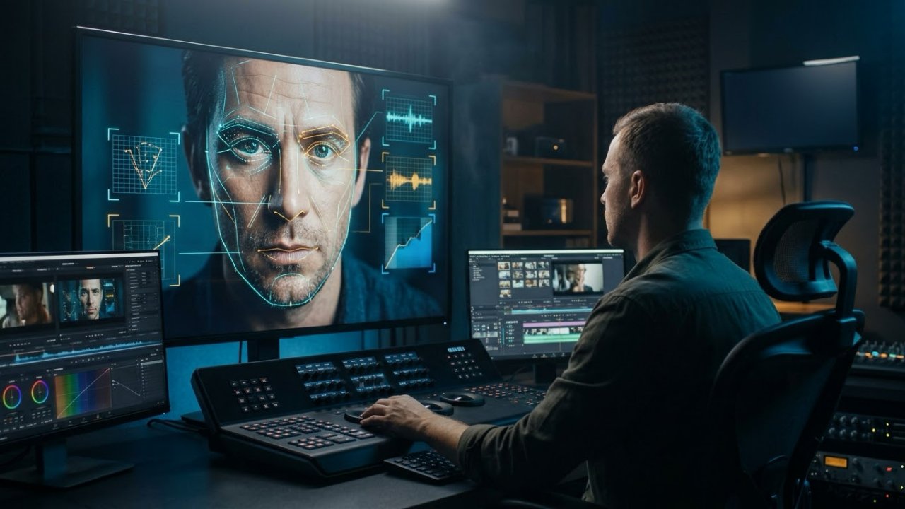 Kurgu stüdyosunda gerçek zamanlı nöral performans takip vektörlerini inceleyen film editörü