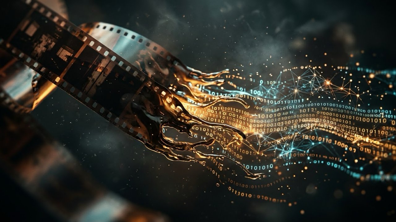 Klasik 35mm film şeritlerinin dijital kodlara ve nöral ışığa dönüşmesini yansıtan fgörsel