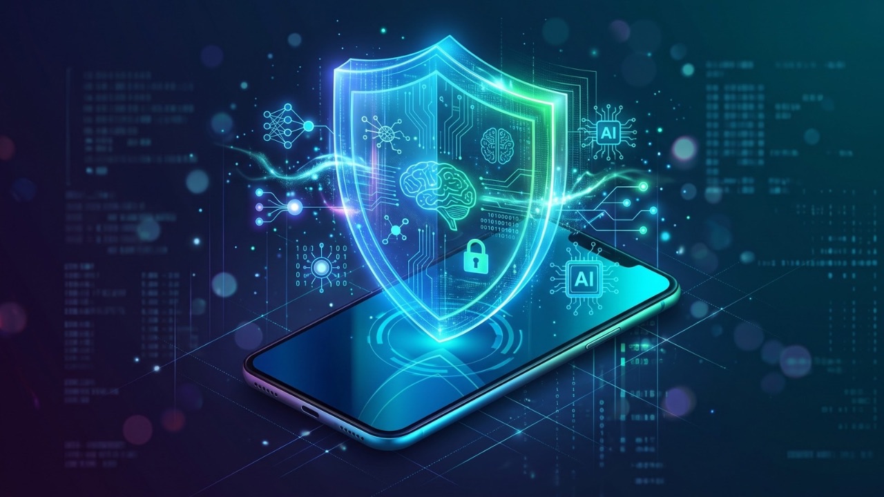 Telefon ekranından güvenlik ikonu ile yükselen hologramlı betimlenmiş beyin görseli bulunan yapay zeka ile üretilmiş görsel