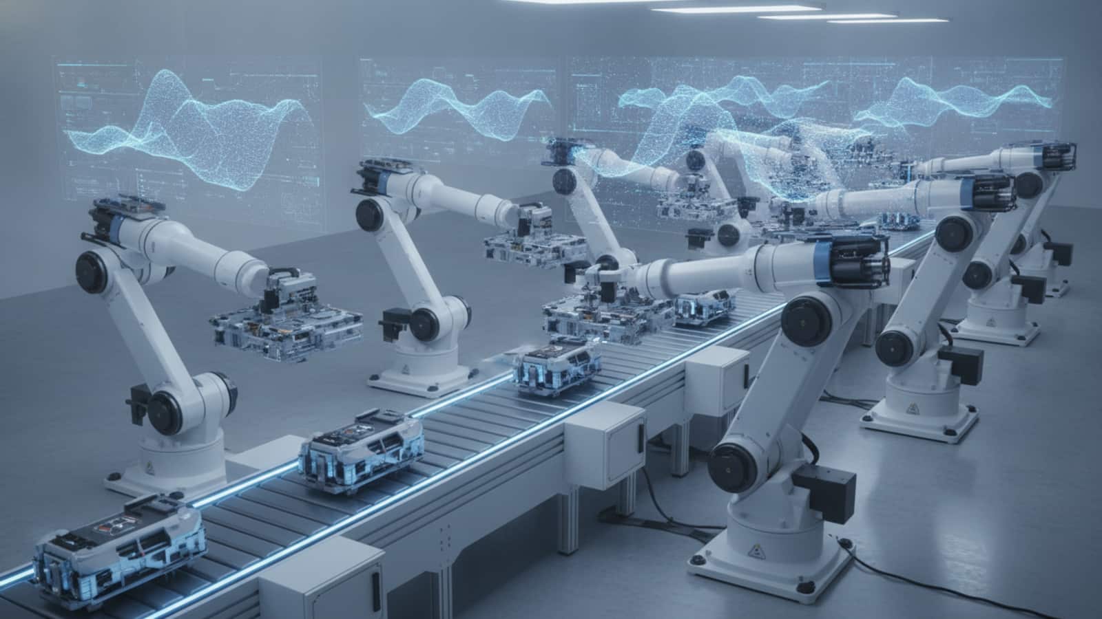 Endüstriyel robotların bir üretim hattında yapay zeka ajanları tarafından yönetildiğini gösteren bir sahne