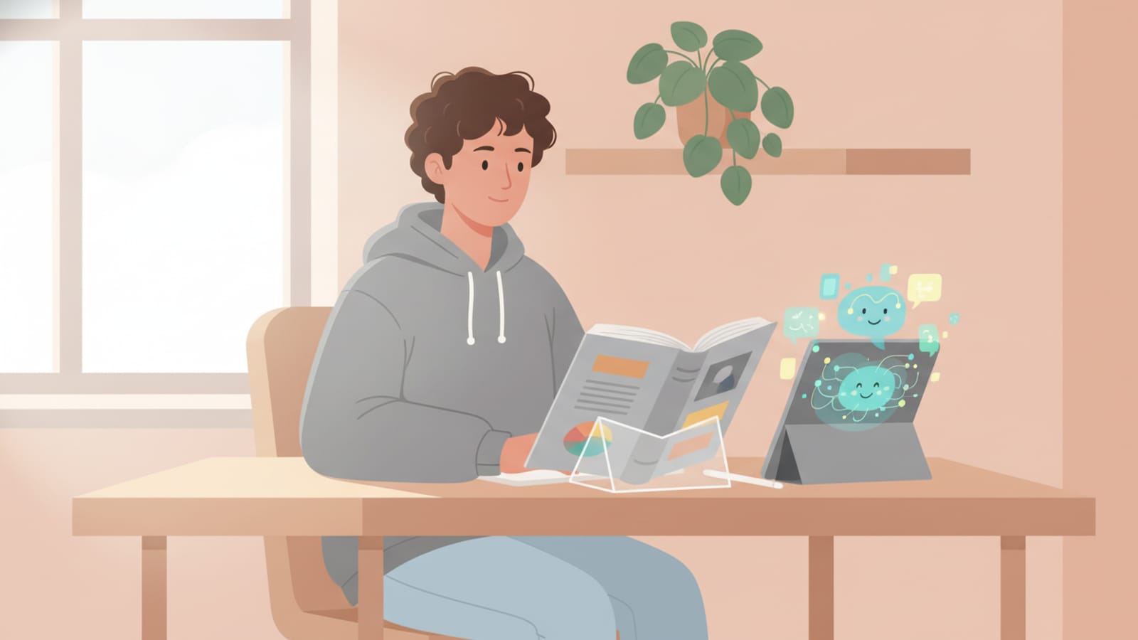 ChatGPT for Teens arayüzü, genç bir öğrenci ders çalışırken
